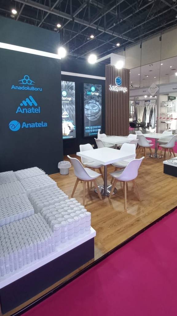 Dubai exhibition stand contractor Quattro Stand — Sleep Expo Dubai exhibition stand for Anadolu Boru, custom booth design and turnkey construction by a professional exhibition stand builder and service in UAE.