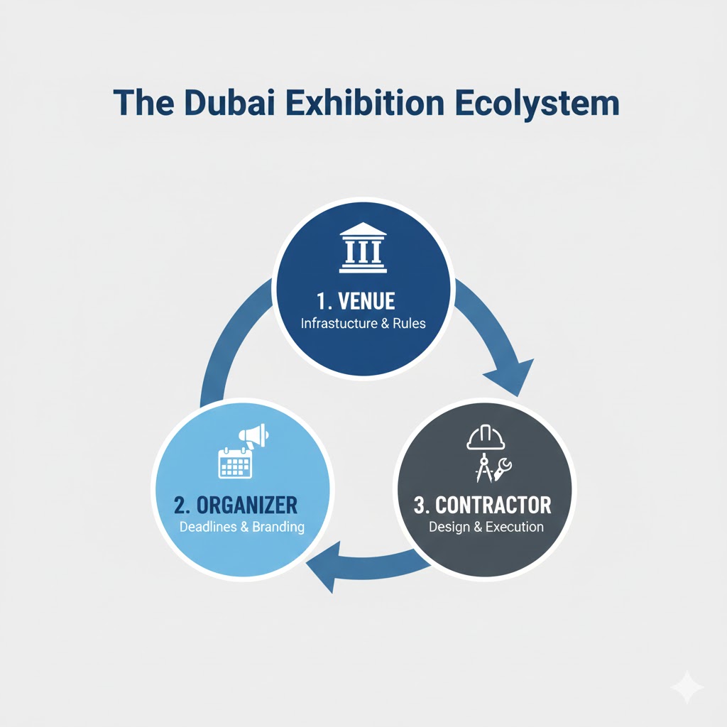 The Dubai Exhibition Ecosystem diagram showing the relationship between Venue, Organizer, and Contractor for first-time exhibitors.